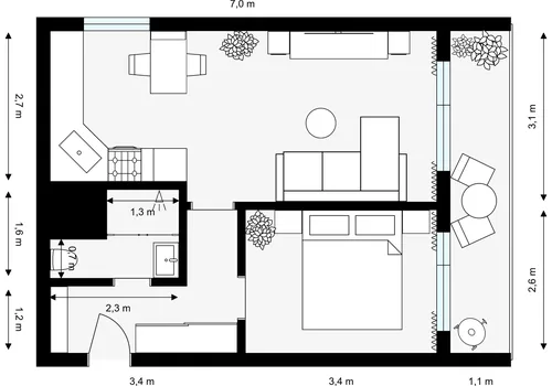 Byt 2+kk, 45 m², Průchova, Kladno — půdorys 1